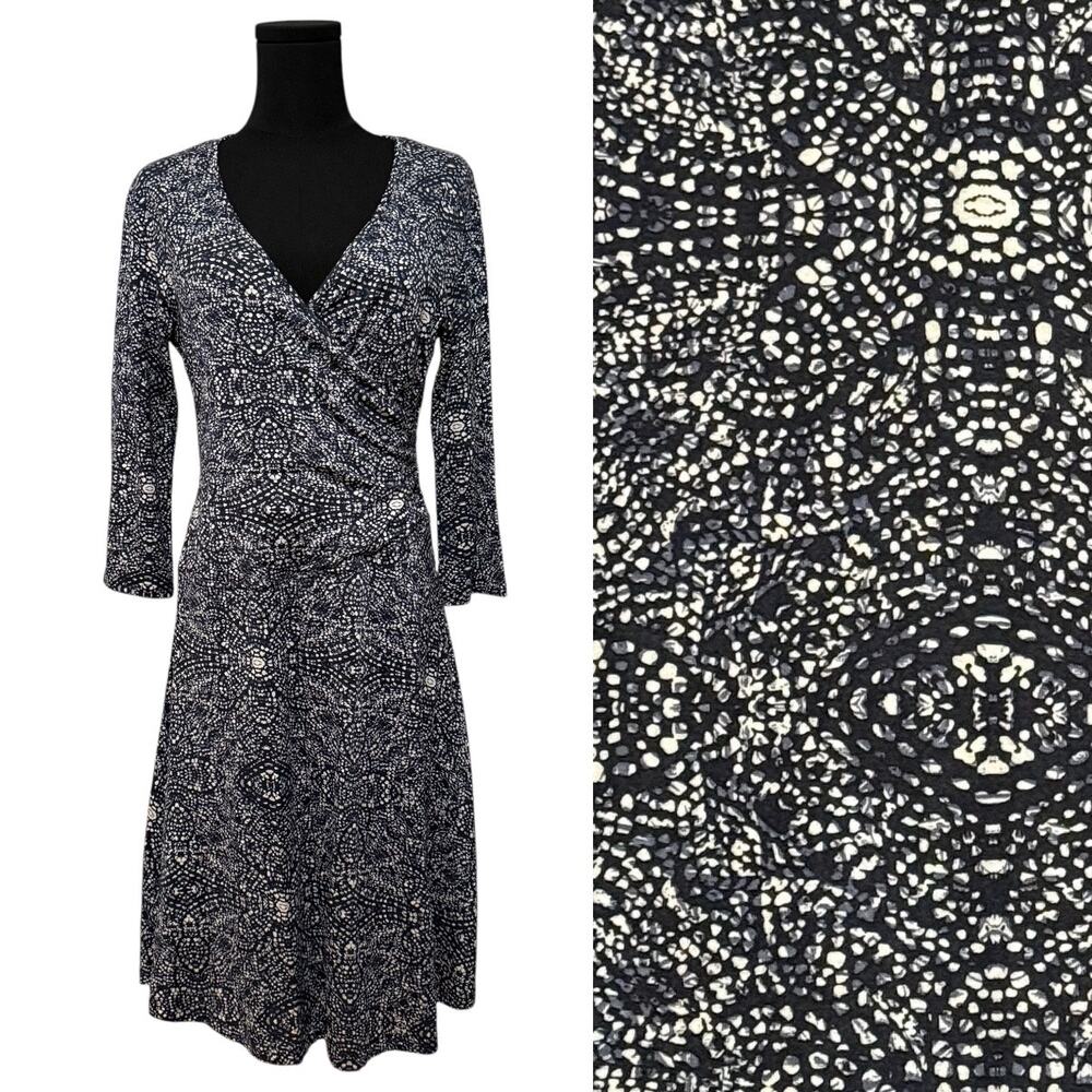 NEW Garnet Hill Brianna Surplice Knit Dress 3/4 Sleeves Faux Wrap Stretch Medium